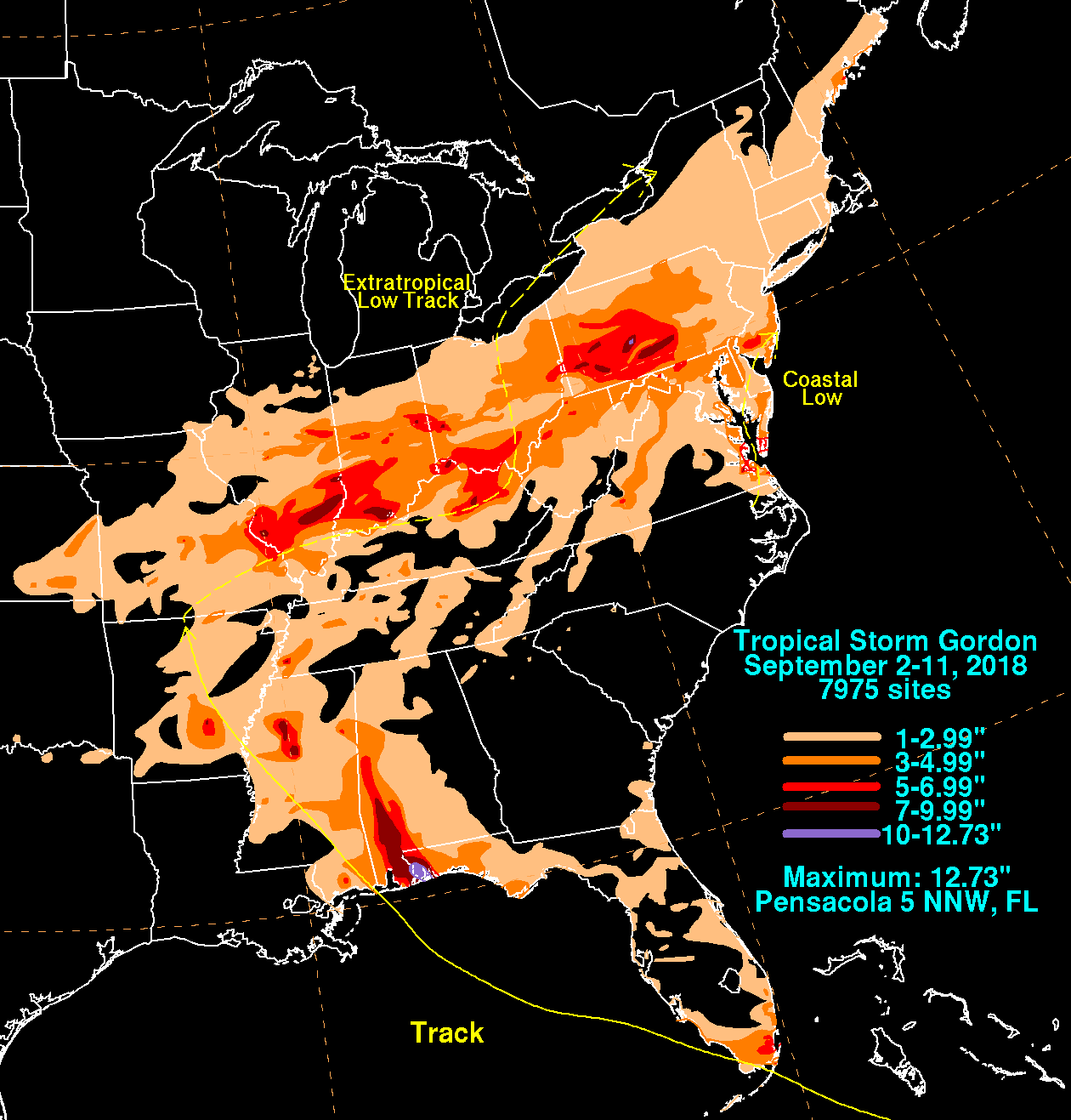 Tropical Storm Gordon track and rainfall